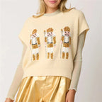 Women's Christmas Sweater Vest – Festive Sequin Gingerbread Men and Candy Cane Button-Up Cardigan