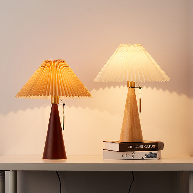 LED Table Lamp Rubberwood Pleated Fabric W350 mm x H480 mm | Japanese Minimalist Style | Soft Diffused Ambient Lighting