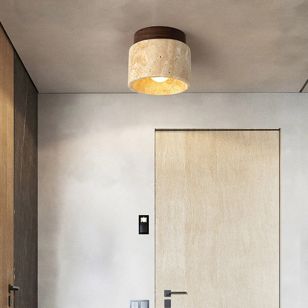 Stone and Wood Cylinder Ceiling Light