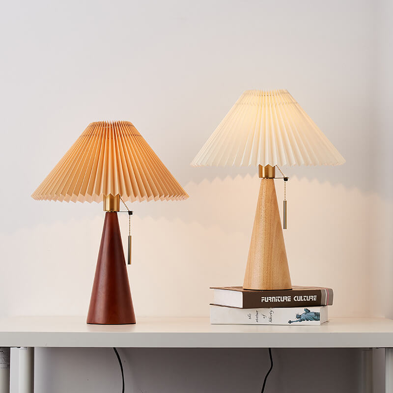 LED Table Lamp Rubberwood Pleated Fabric W350 mm x H480 mm | Japanese Minimalist Style | Soft Diffused Ambient Lighting