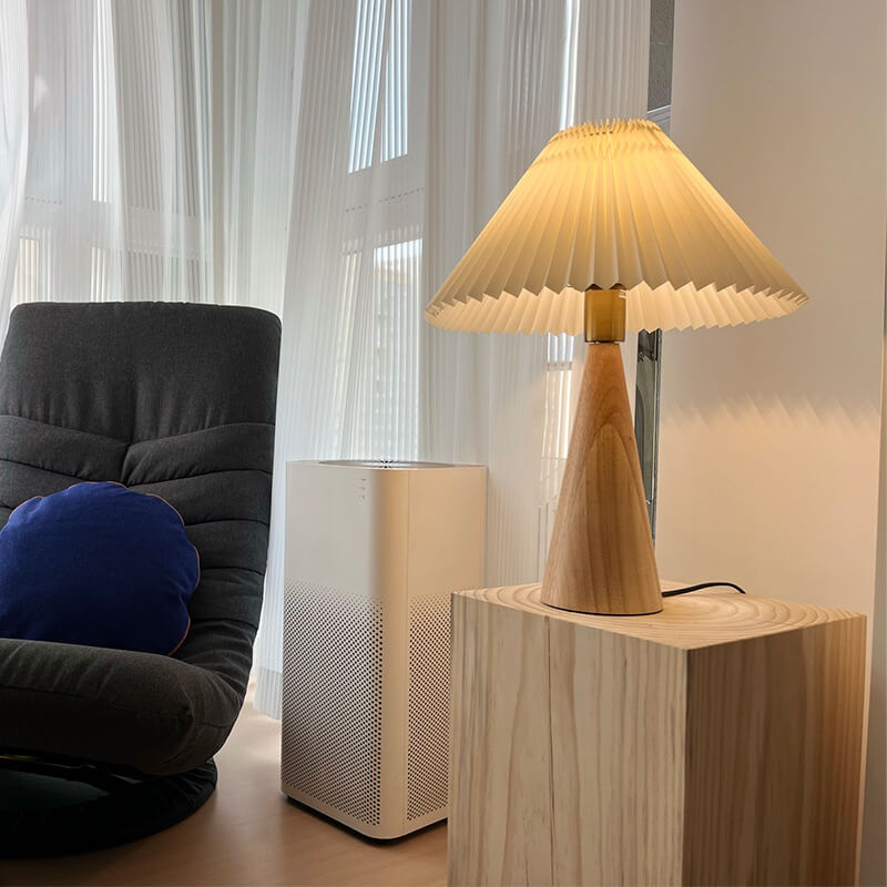 LED Table Lamp Rubberwood Pleated Fabric W350 mm x H480 mm | Japanese Minimalist Style | Soft Diffused Ambient Lighting
