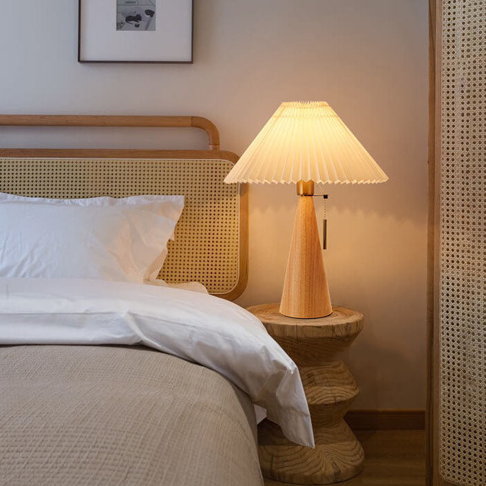 LED Table Lamp Rubberwood Pleated Fabric W350 mm x H480 mm | Japanese Minimalist Style | Soft Diffused Ambient Lighting