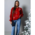 Women's Christmas Knit Sweater – Loose Fit Round Neck Pullover with Lantern Sleeves
