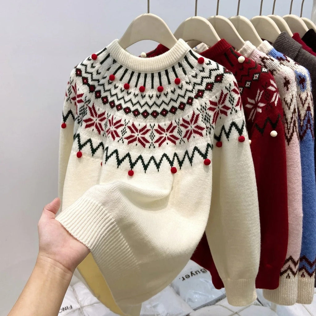 Women's Christmas Jacquard Knit Sweater – Cream White and Red Geometric Pattern Pullover