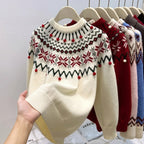 Women's Christmas Jacquard Knit Sweater – Cream White and Red Geometric Pattern Pullover
