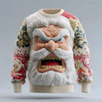 Men's Christmas Sweater – 3D Santa Claus Face Fuzzy Knit Pullover with Long Sleeves