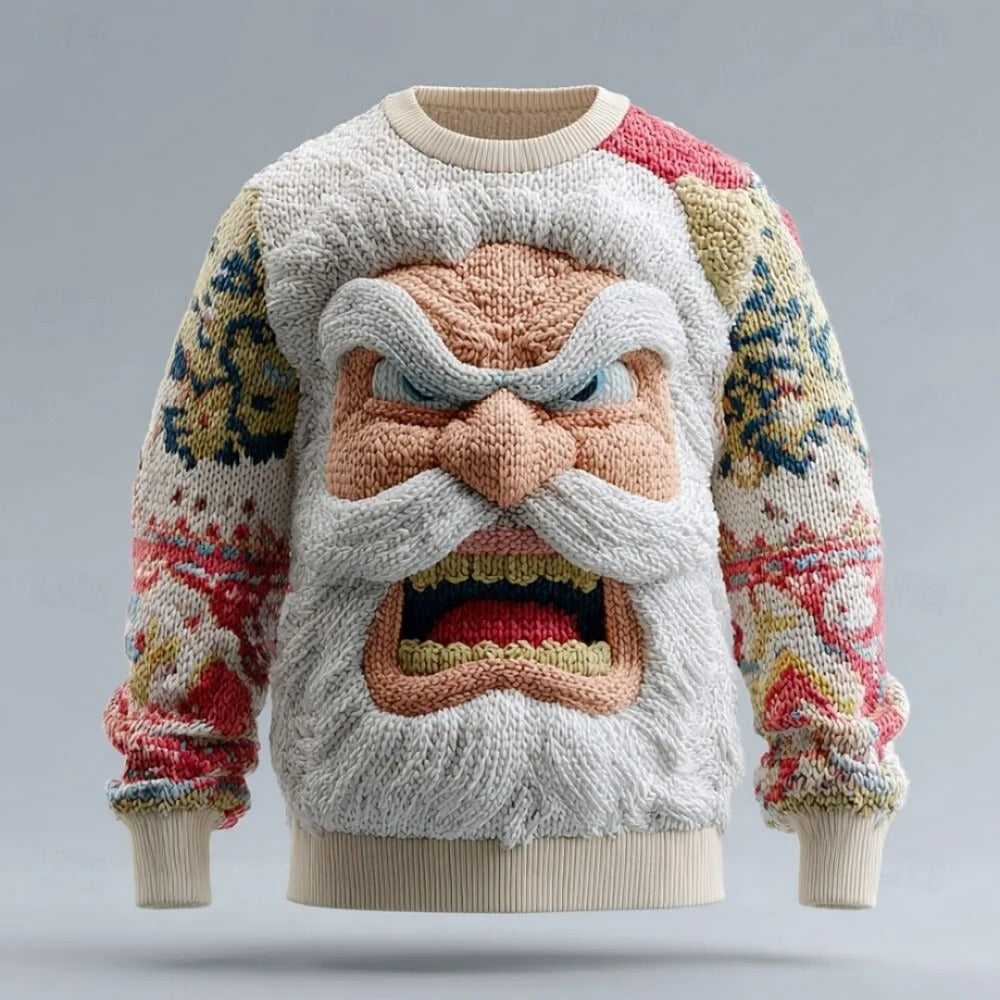 Men's Christmas Sweater – 3D Santa Claus Face Fuzzy Knit Pullover with Long Sleeves