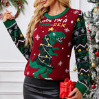 Women's Christmas Dinosaur Sweater – Funny “Look I'm a Tree-Rex” Red and Green Knit Pullover