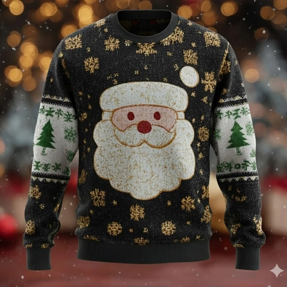 Men's Christmas Sweater – 3D Santa Claus Face Fuzzy Knit Pullover with Long Sleeves