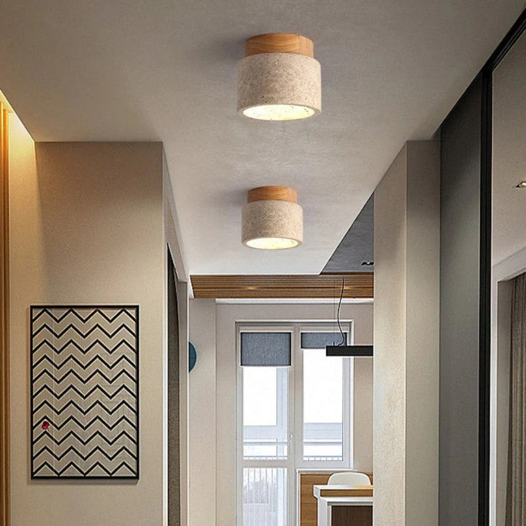 Stone and Wood Cylinder Ceiling Light