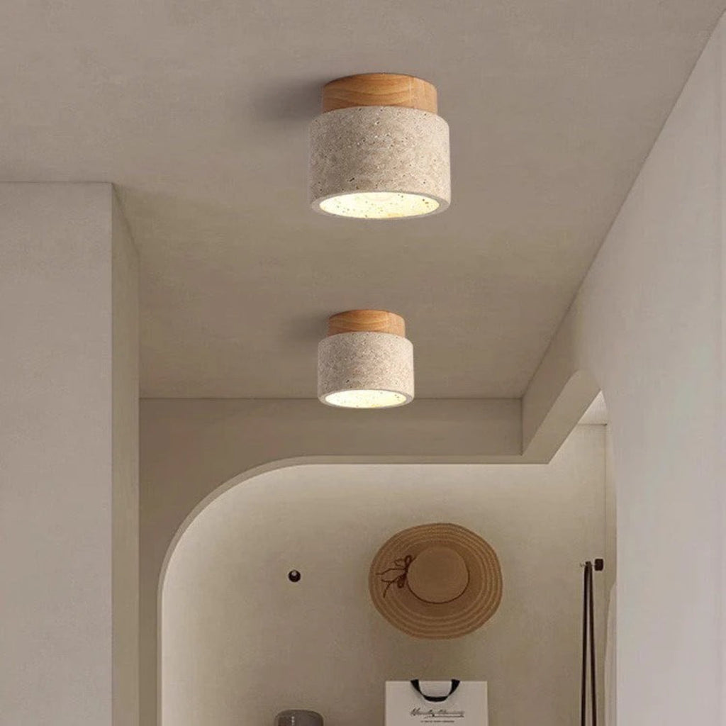 Stone and Wood Cylinder Ceiling Light