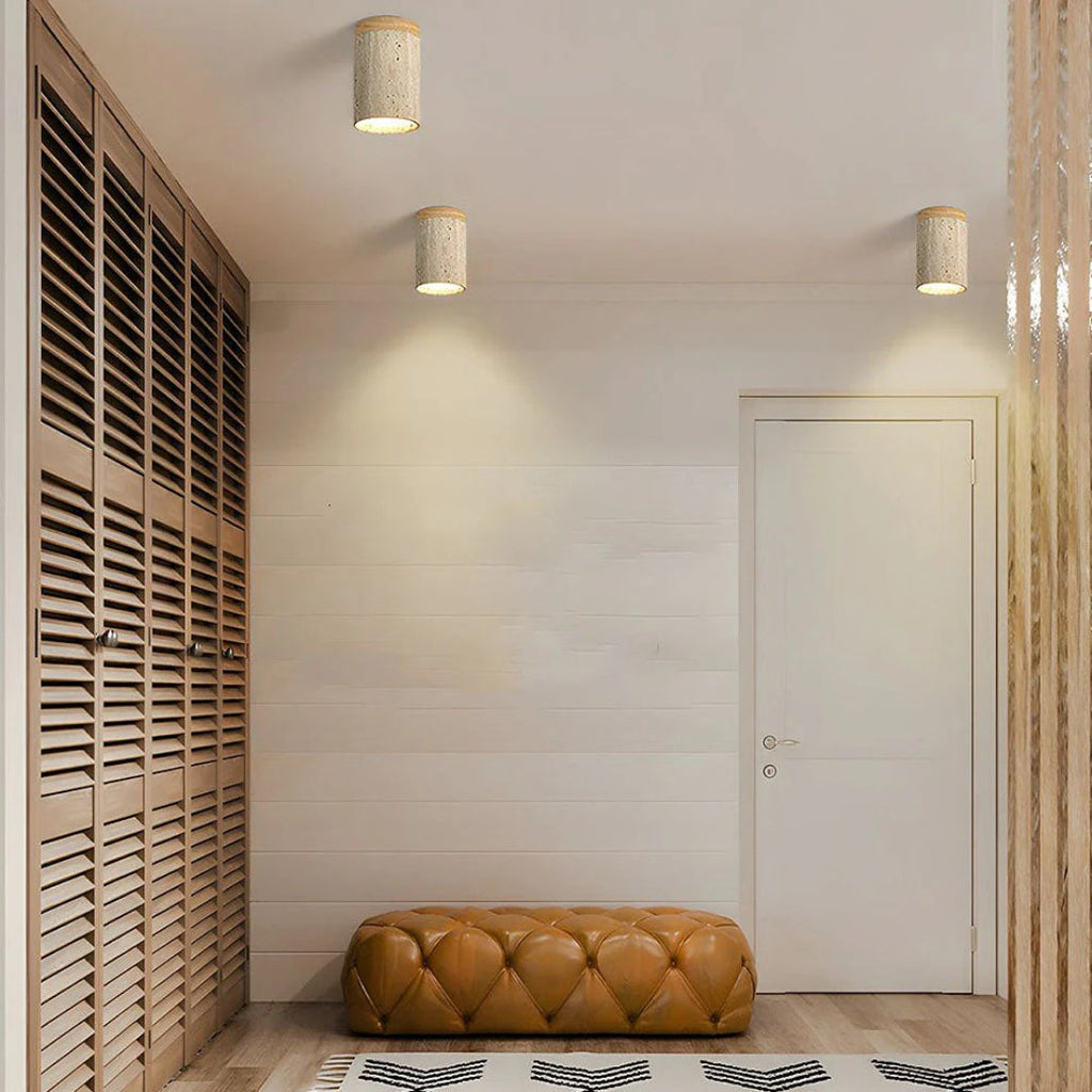 Stone and Wood Cylinder Ceiling Light