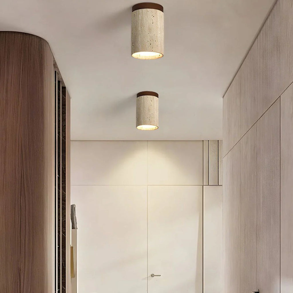 Stone and Wood Cylinder Ceiling Light