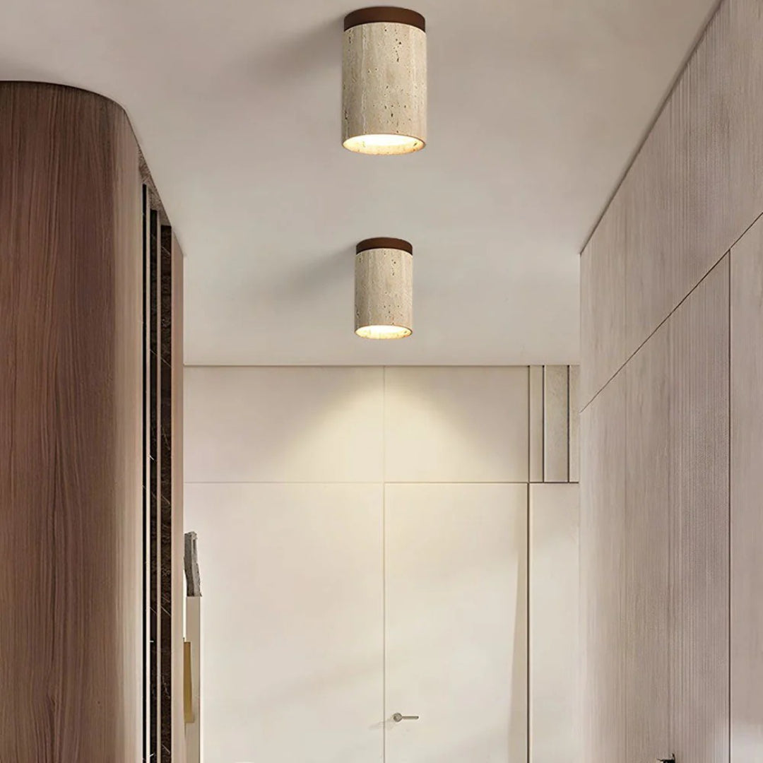 Stone and Wood Cylinder Ceiling Light