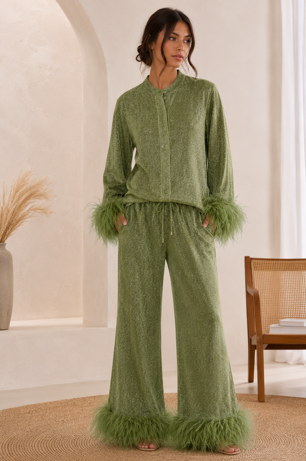 Women's Sequin Co-ord Set with Feather Trim Top and Wide Leg Trousers | Two Piece Evening Party Outfit for Festive Events