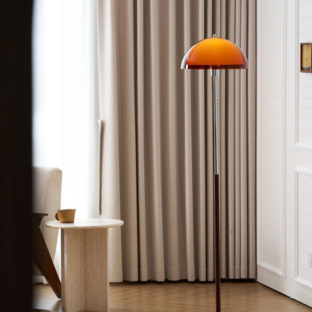 Amber Glass Floor Lamp – Retro Style With Walnut Wood And Metal Base