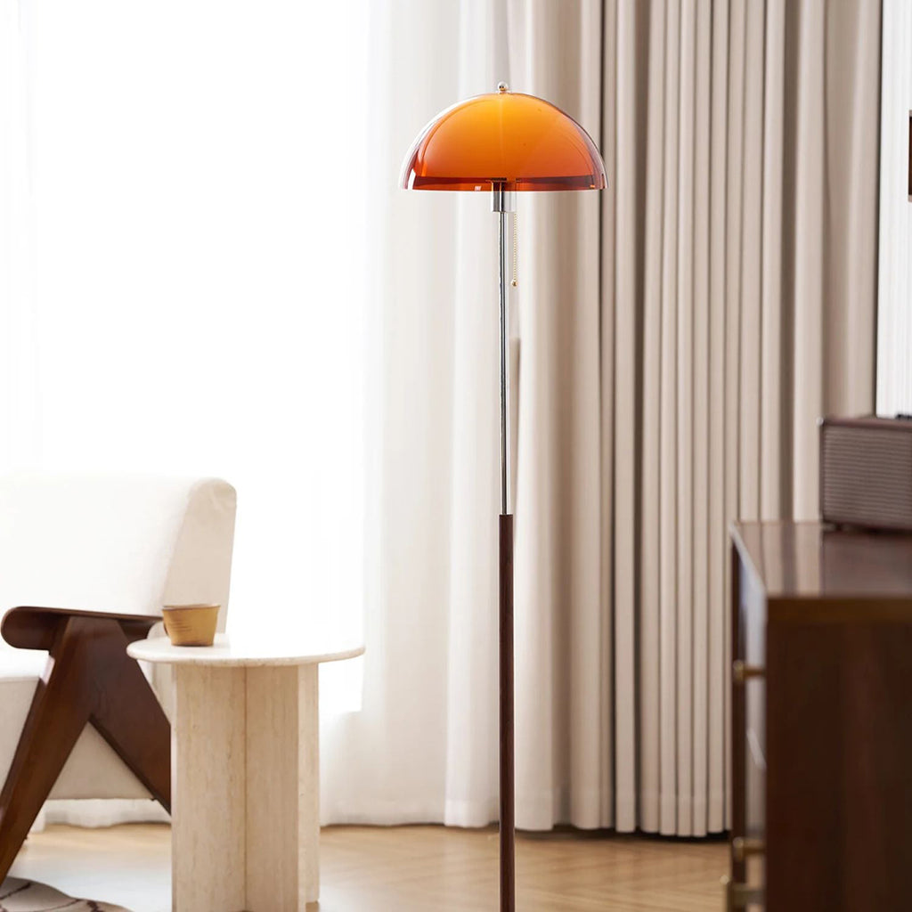 Amber Glass Floor Lamp – Retro Style With Walnut Wood And Metal Base