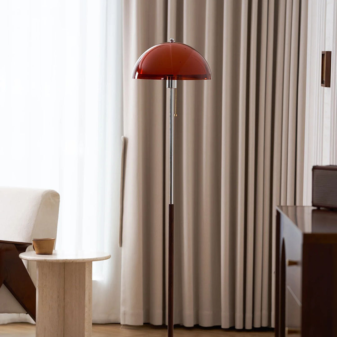 Amber Glass Floor Lamp – Retro Style With Walnut Wood And Metal Base