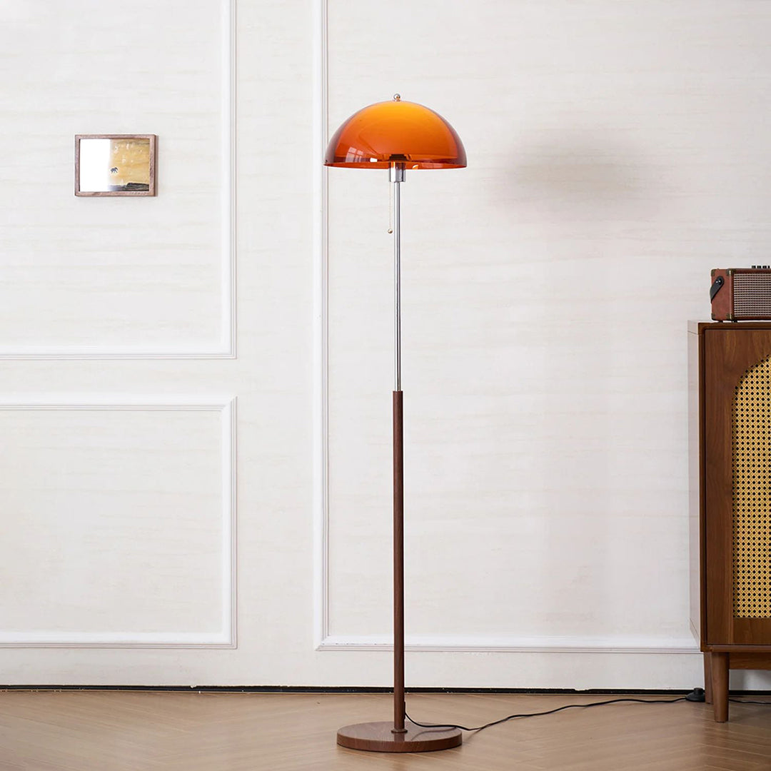 Amber Glass Floor Lamp – Retro Style With Walnut Wood And Metal Base