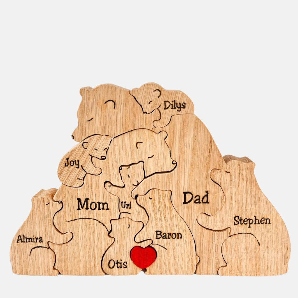 Wooden Bear Family Statue Natural Wood 12-17 cm Height | Handcrafted Puzzle Style | Personalizable Home Decor Gift