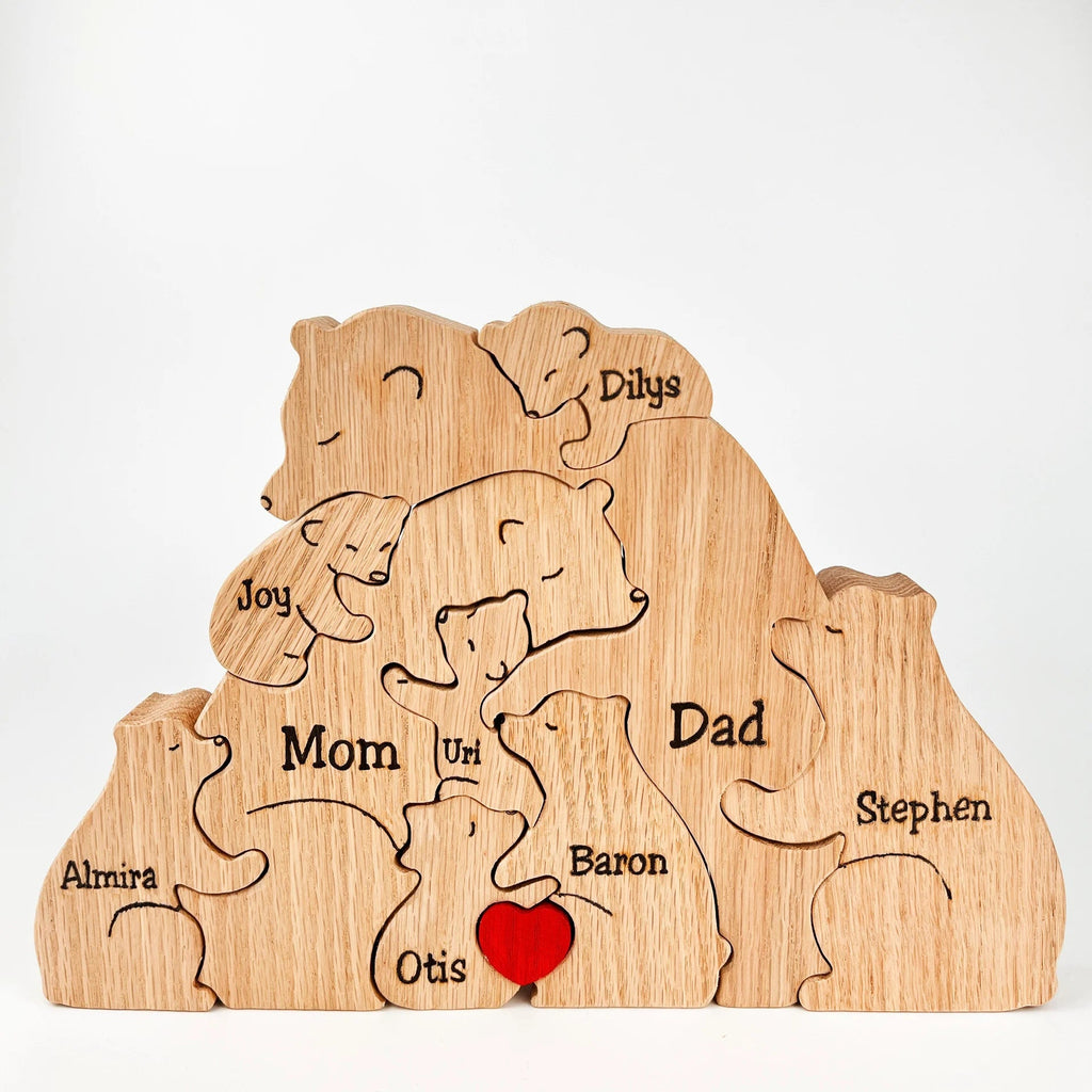 Wooden Bear Family Statue Natural Wood 12-17 cm Height | Handcrafted Puzzle Style | Personalizable Home Decor Gift