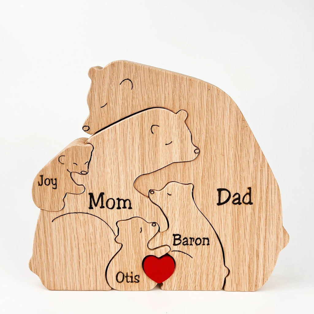 Wooden Bear Family Statue Natural Wood 12-17 cm Height | Handcrafted Puzzle Style | Personalizable Home Decor Gift