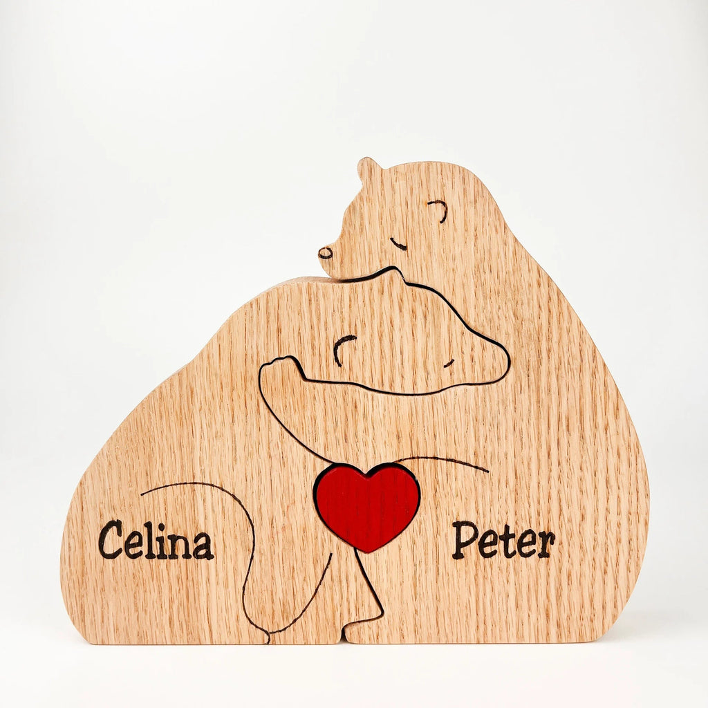Wooden Bear Family Statue Natural Wood 12-17 cm Height | Handcrafted Puzzle Style | Personalizable Home Decor Gift