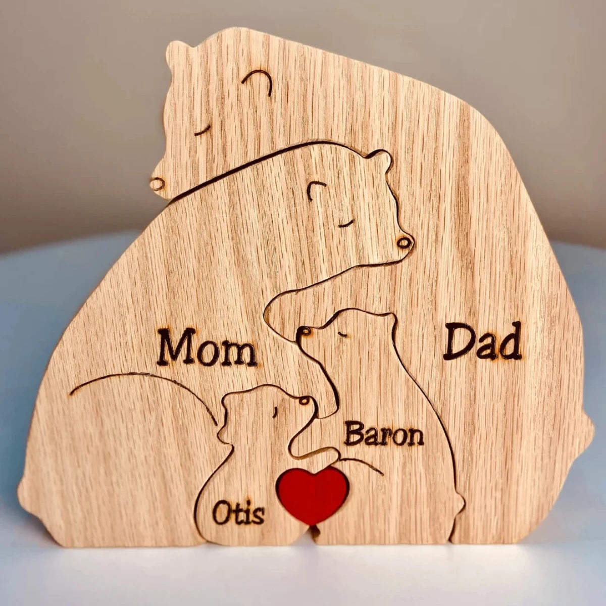 Wooden Bear Family Statue Natural Wood 12-17 cm Height | Handcrafted Puzzle Style | Personalizable Home Decor Gift