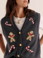 Women's Christmas Sweater Vest – Festive Sequin Gingerbread Men and Candy Cane Button-Up Cardigan