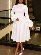Women's Elegant A-Line Midi Dress – High Neck, Long Sleeves & 3D Floral Cuffs