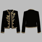 Women's Black Velvet Jacket – Gold Floral Embroidered Long Sleeve Button-Up Coat