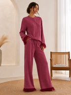 Women's Sequin Co-ord Set with Feather Trim Top and Wide Leg Trousers | Two Piece Evening Party Outfit for Festive Events