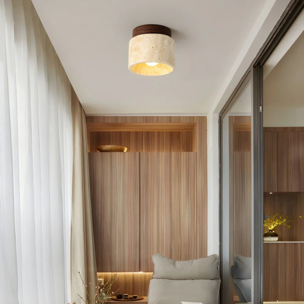 Cylindrical Travertine Ceiling Lamp with Wood Accent