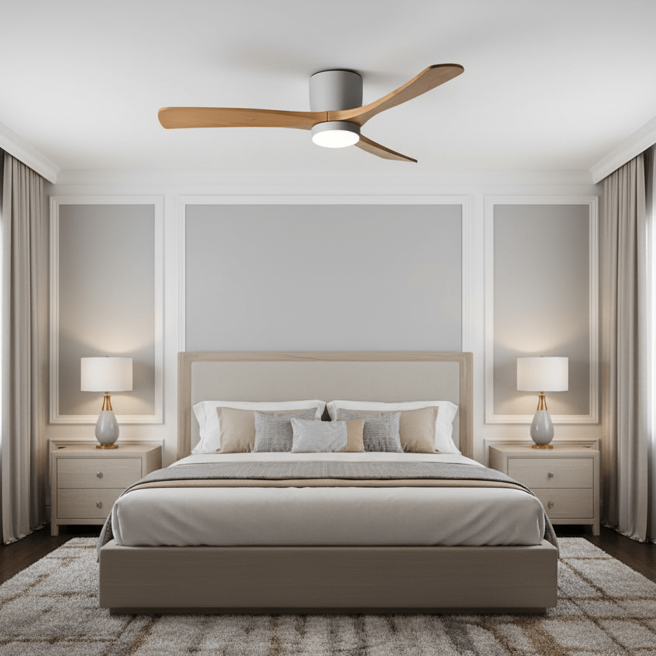 Ceiling Fan with Light Sycamore Wood Blades | Silent 6-Speed DC Motor | Flush Mount Nordic Design for Home Interiors