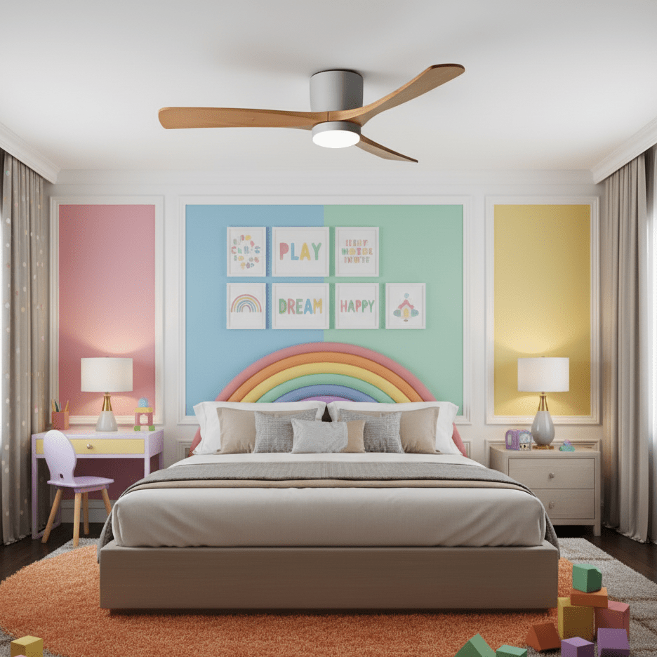 Ceiling Fan with Light Sycamore Wood Blades | Silent 6-Speed DC Motor | Flush Mount Nordic Design for Home Interiors