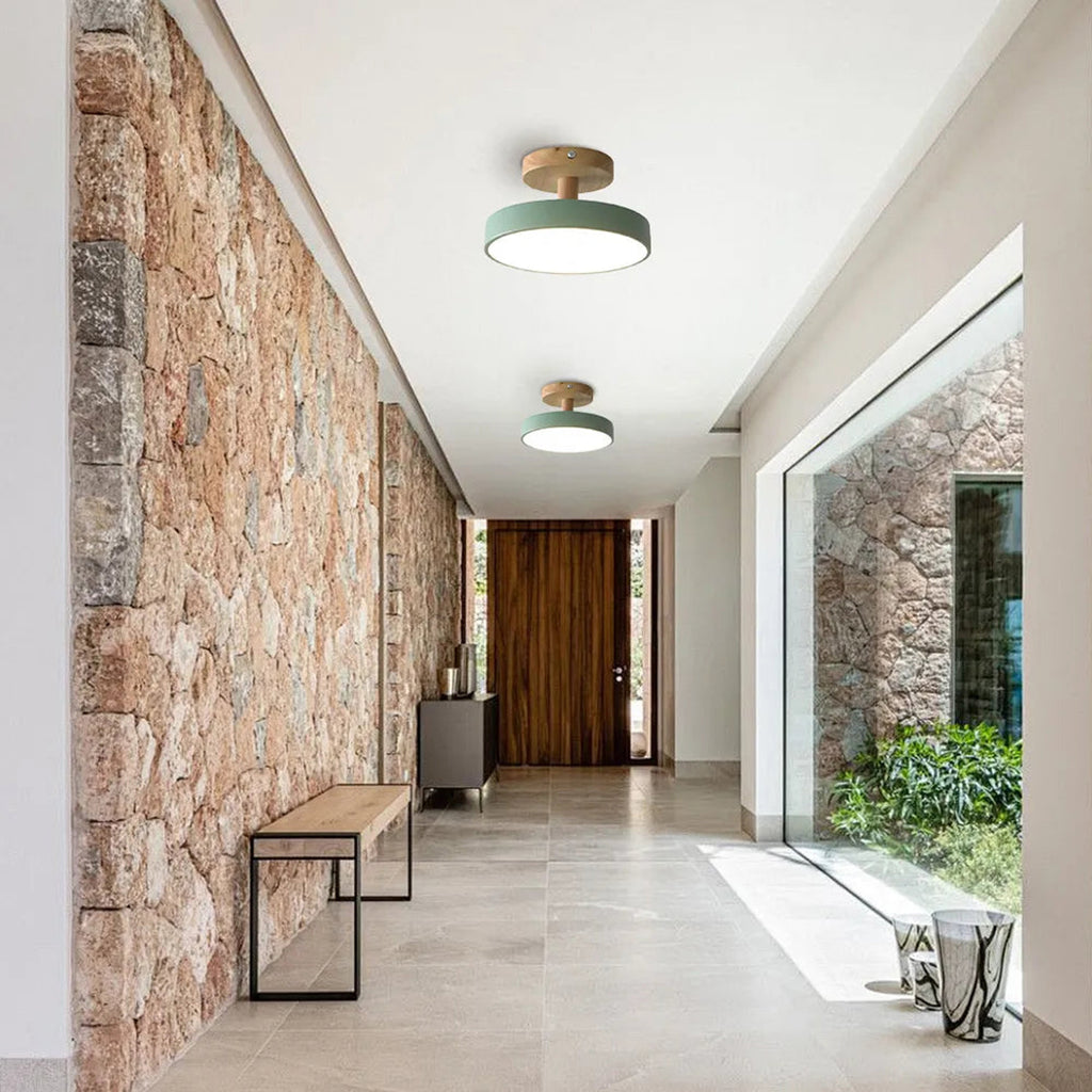 Green Ceiling Lamp – Modern Minimalist Design With Wood And Gold Accents