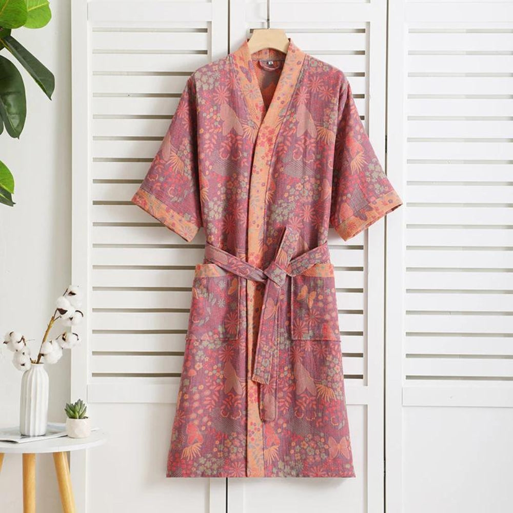 Lightweight Pure Cotton Bathrobe for Women - Double Gauze Breathable Dressing Gown with Vintage Print - Soft Spa Robe