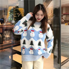 Women's Christmas Sweater with Snowman and Christmas Tree Print – Cozy Knit Pullover