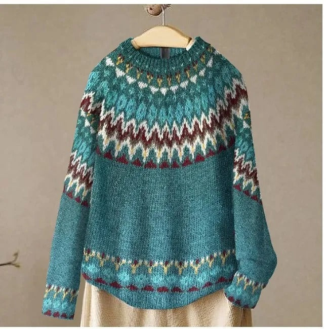 Women's Vintage Pattern Sweater – Round Neck Long Sleeve Knit Pullover