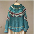 Women's Vintage Pattern Sweater – Round Neck Long Sleeve Knit Pullover
