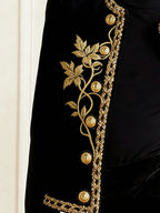 Women's Black Velvet Jacket – Gold Floral Embroidered Long Sleeve Button-Up Coat