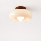 Cream Glass Ceiling Lamp – French Bauhaus Round Design With Wood Accent