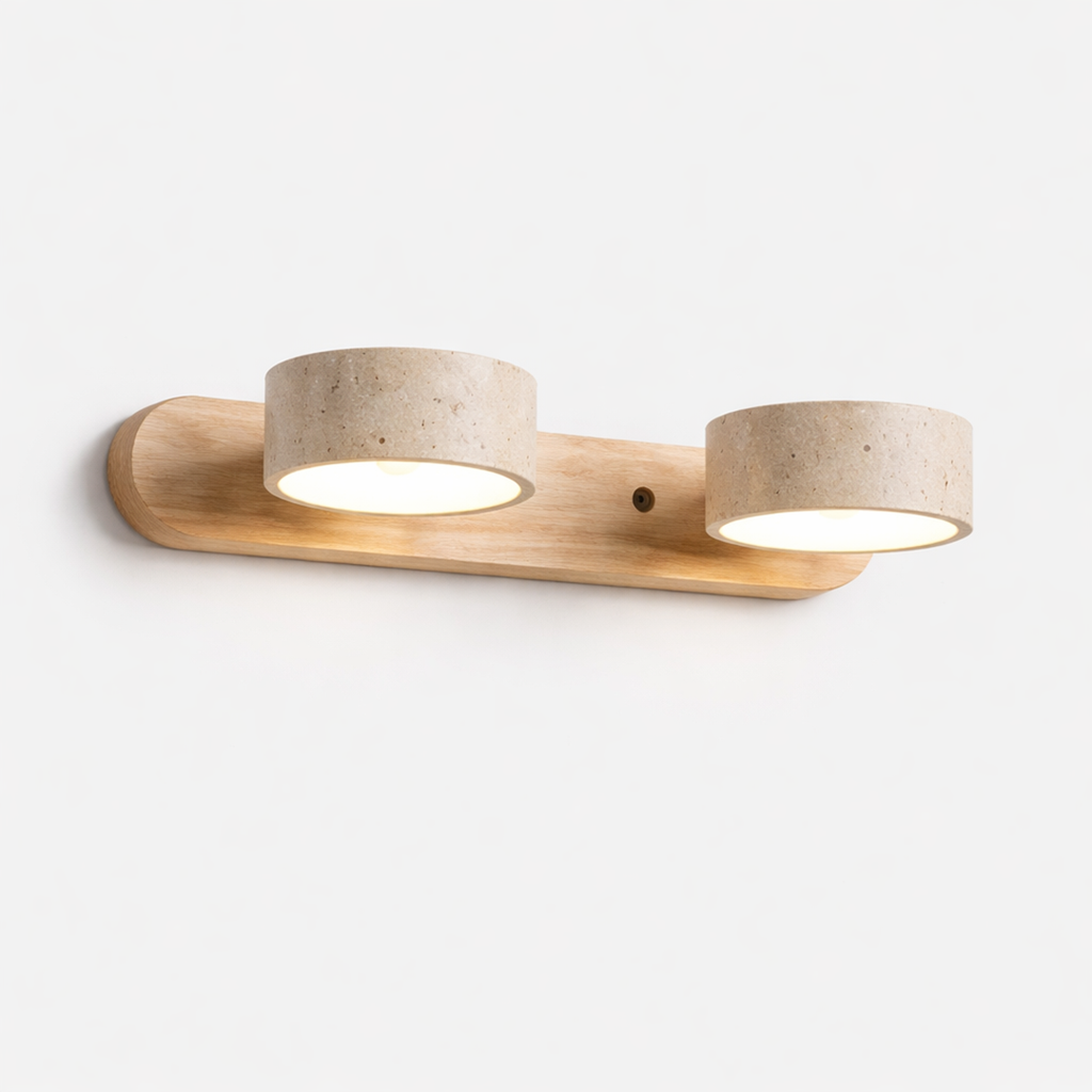 Travertine Wall Lamp – Minimalist Bathroom Vanity Design With Wood Accent