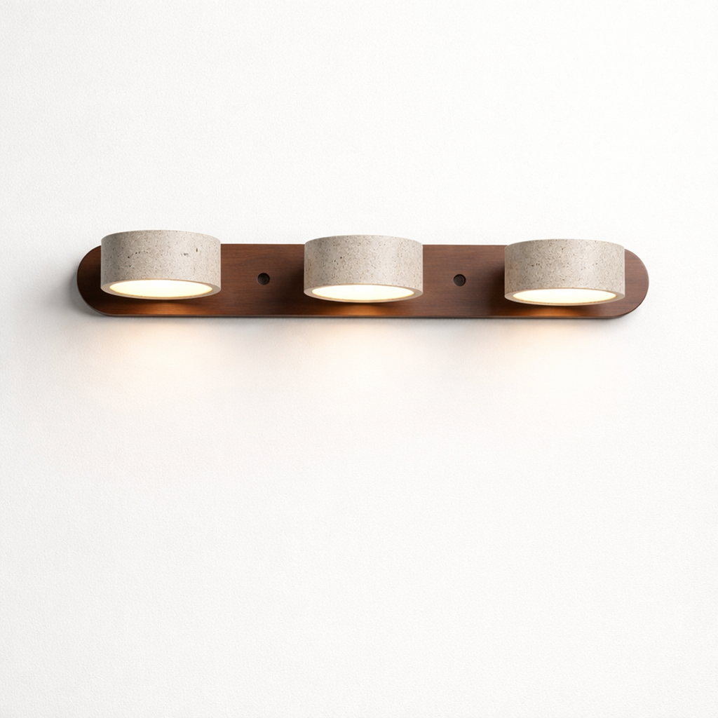 Travertine Wall Lamp – Minimalist Bathroom Vanity Design With Wood Accent