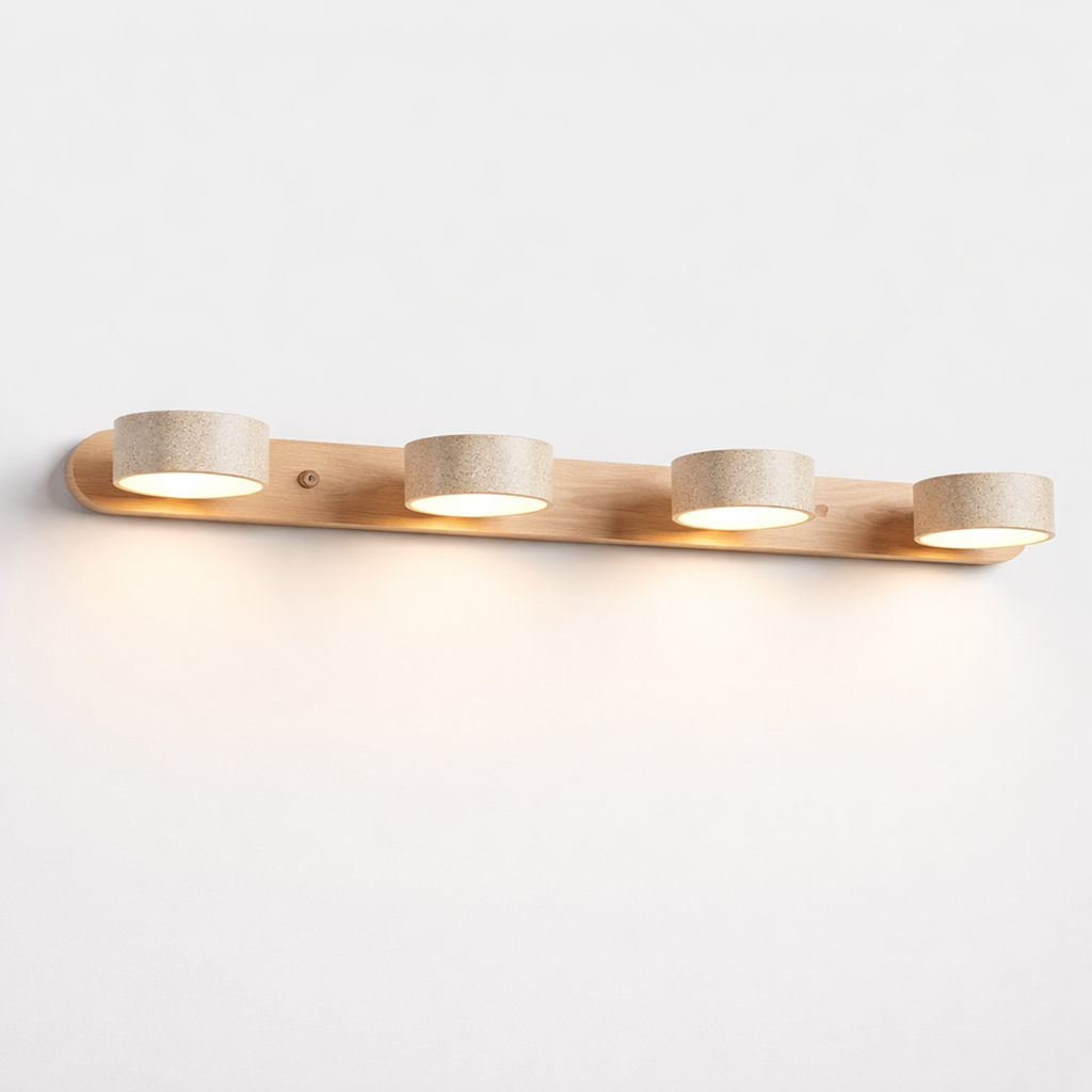 Travertine Wall Lamp – Minimalist Bathroom Vanity Design With Wood Accent
