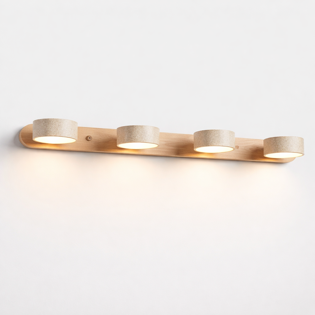 Travertine Wall Lamp – Minimalist Bathroom Vanity Design With Wood Accent