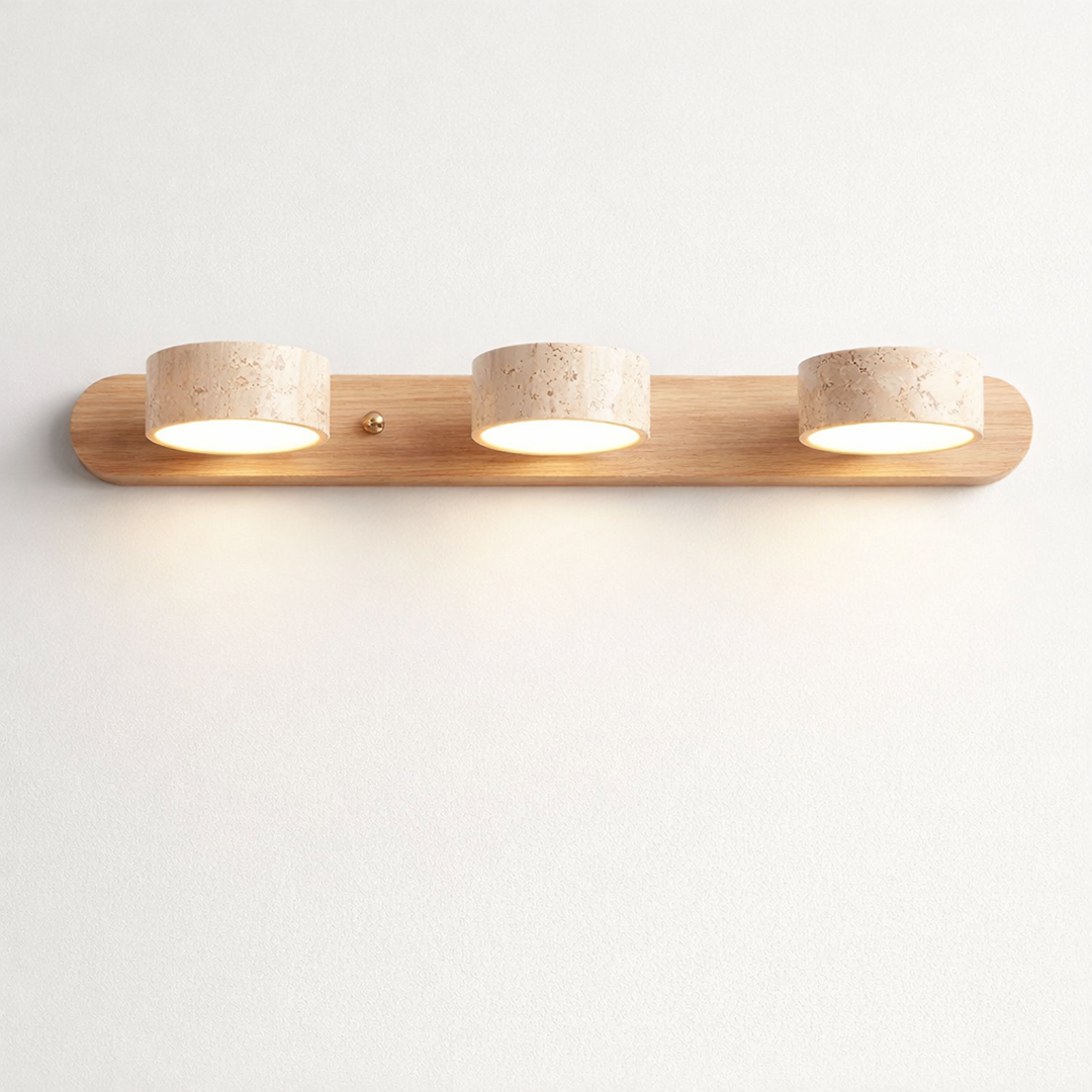 Travertine Wall Lamp – Minimalist Bathroom Vanity Design With Wood Accent