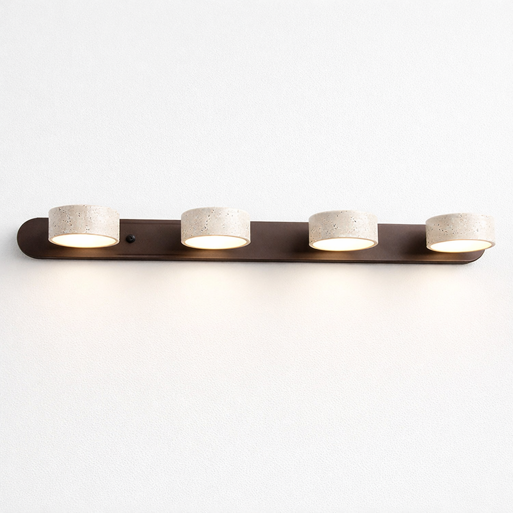 Travertine Wall Lamp – Minimalist Bathroom Vanity Design With Wood Accent