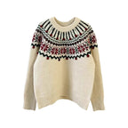 Women's Christmas Jacquard Knit Sweater – Cream White and Red Geometric Pattern Pullover
