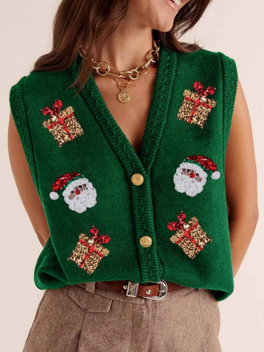 Women's Christmas Sweater Vest – Festive Sequin Gingerbread Men and Candy Cane Button-Up Cardigan
